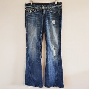 True Religion Womens 29 Blue Joey Mid Rise Flare Jean Pants Distress USA